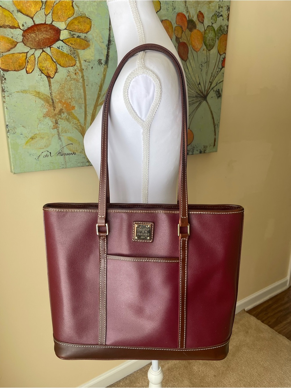 Dooney & Bourke Burgundy Leather Tote with Brown Trim